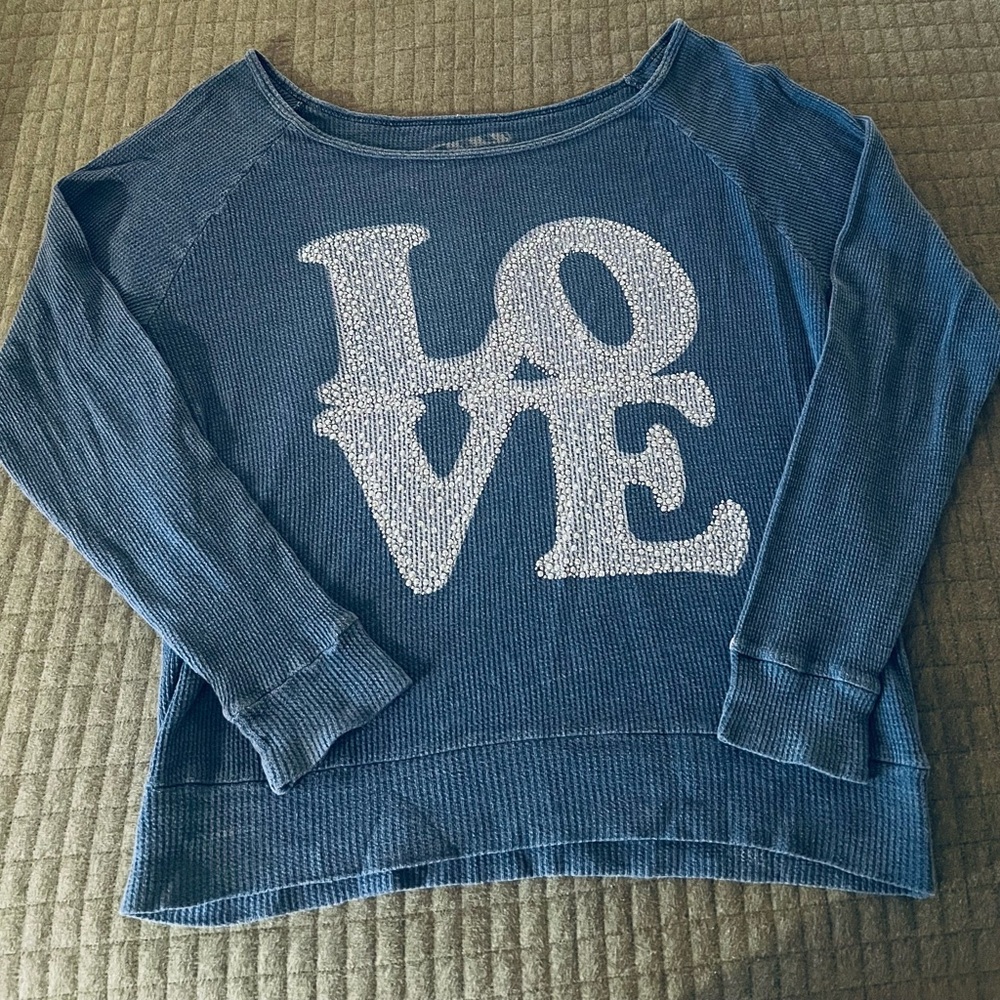 Blue Long Sleeve Top with Love Graphic